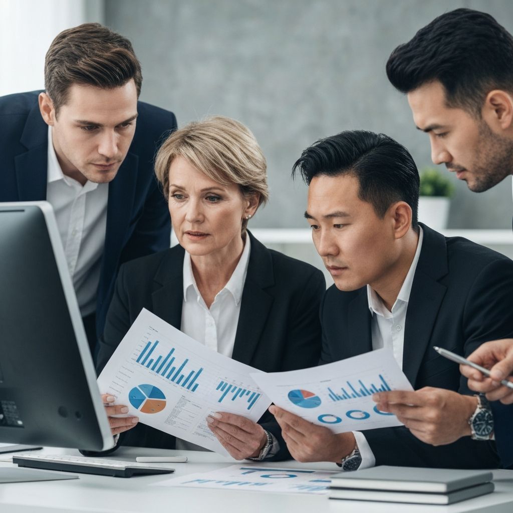 Equipo de consultores financieros trabajando en preparación de documentación para due diligence de startup tecnológica